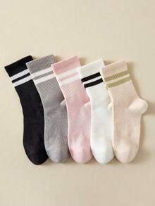 Set de 5 pares de calcetines de mujer de media caña con dos tubos, multicolor, para otoño - Multicolor - Ver 1