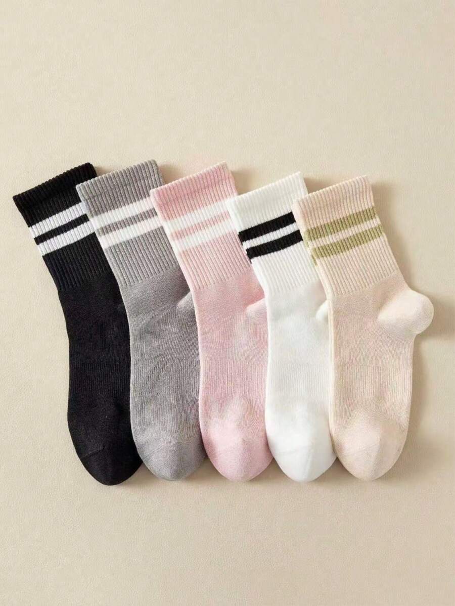 Set de 5 pares de calcetines de mujer de media caña con dos tubos, multicolor, para otoño - Multicolor - Ver 1
