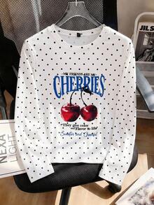 1pc Girls Big Kids White Base Black Polka Dot Cherry Print Long Sleeve T-Shirt, Retro American Sweet Style Loose Top For Spring And Autumn - White - View 4