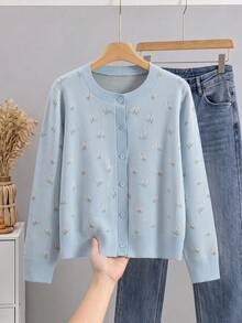 BYGOUBY Women's Autumn/Winter Ditsy Floral Knit Cardigan, Round Neck Front Button Long Sleeve Sweater, Casual Soft Knit Jacket - Blue - View 7