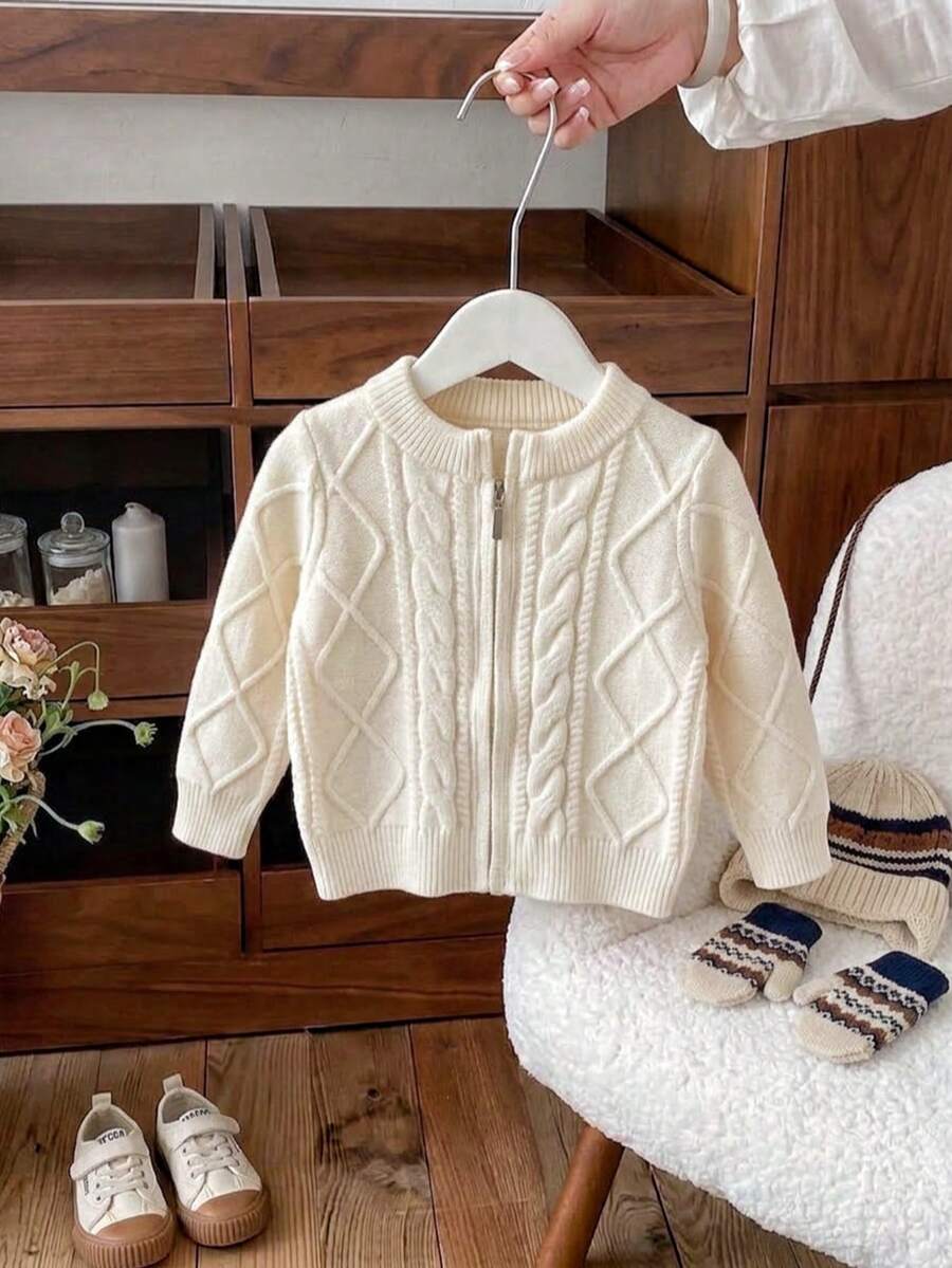 Baby Boy Toddler Preppy Solid Color Cable Knit Long Sleeve Cardigan Sweater Jacket Suitable For Daily School Spring Autumn Winter - Apricot - View 1