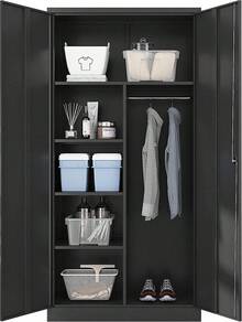 Metal Armoire Wardrobe Closet Cabinet, Clothes Storage Locker With Hanging Rod, Lockable Steel Garment Storage Organizer Furniture, Modern Industrial Decor, Black, 1 Piece - Black - View 1