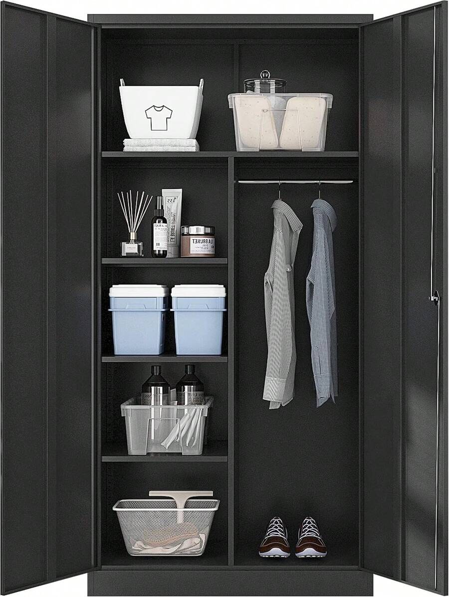 Metal Armoire Wardrobe Closet Cabinet, Clothes Storage Locker With Hanging Rod, Lockable Steel Garment Storage Organizer Furniture, Modern Industrial Decor, Black, 1 Piece - Black - View 1