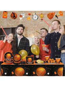 3 Pcs Basketball Theme Party Tablecloth, Disposable Plastic Basketball Birthday Table Cover, Rectangular 137 X 274 Cm, Basketball Theme Party Decorations, Dark - Basketball Theme - View 1