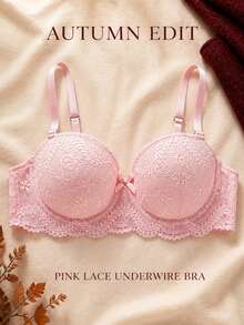 Women's Pink Floral Lace Underwire Bra, Bow Decor Push-Up Support Lingerie, Removable And Adjustable Shoulder Straps - Pink - View 1