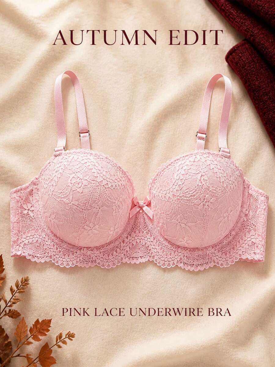 Women's Pink Floral Lace Underwire Bra, Bow Decor Push-Up Support Lingerie, Removable And Adjustable Shoulder Straps - Pink - View 1