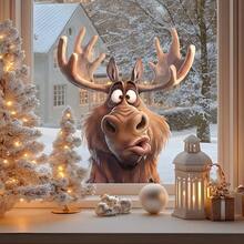 1pc 2D Christmas Reindeer Window Sticker With Face And Tongue Out Light String Tree, Festive And Cozy - Multicolor - View 3