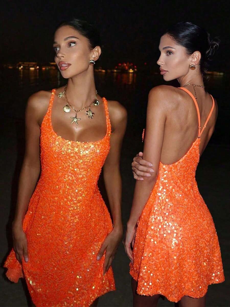 Women's Glamorous Sequin Spaghetti Strap Short Dress, Orange Straight Neckline Mid-Stretch Backless Cinched Waist Flared Skirt, Suitable For Evening Dates, Parties, Music Festivals, Cocktail Events, Homecoming, Birthday Parties, Nightclubs, Bars, Carnivals, Island Vacations, Photo Shoots, New Year's Eve Parties, Theme Dances, Beach - Orange - View 1