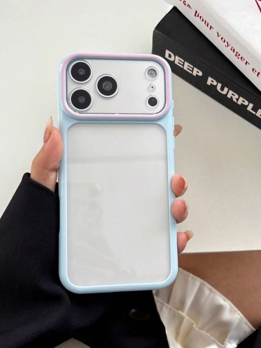Two-Tone Pastel Blue & Pink Large Camera Window Phone Case, Frosted Clear Transparent Shockproof Soft TPU Protective Cover, Simple Plain Matte Phone Shell Compatible With IPhone14 15 16 17 18Pro Max, Minimalist Sweet Girly Cellphone Accessory - Multicolor - View 1