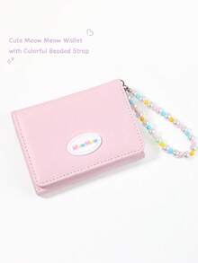 Cute Pink Cat PU Leather Wallet With Colorful Beaded Strap, Japanese Style Short Wallet, Multiple Card Slots, Zipper Coin Pocket, Women's Girls Mini Clutch - Pink - View 2