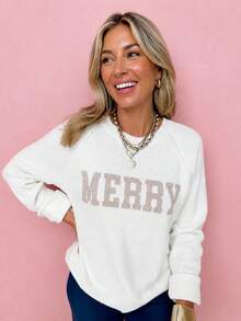 Acelitt White "MERRY" Letter Pattern Raglan Sleeve Casual Christmas Sweater - White - View 1