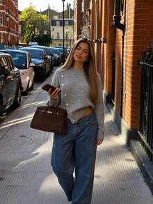 Elegant Women's Grey Long Sleeve Sweater, Rib-Knit With Stylish Asymmetrical Design And Gold Button Embellishments For Fall Winter - Grey - View 7