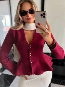 Sexy Knitted Top, Autumn And Winter Sweater, Long-Sleeved Ruffle Hem Knitted Cardigan, Burgundy, White, Black, For Daily Gala And Party - Burgundy - View 3