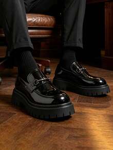 Men's Classic Slip-On Loafers, Chunky Square Heel, Casual Business Commute Non-Slip Daily Shoes - Black - View 2
