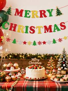 Red Green Gold Merry Christmas Banner Decor‑Glitter Paper Banner For Xmas Indoor, Home Office Party Fireplace Mantle Farmhouse Decor - Multicolor - View 1