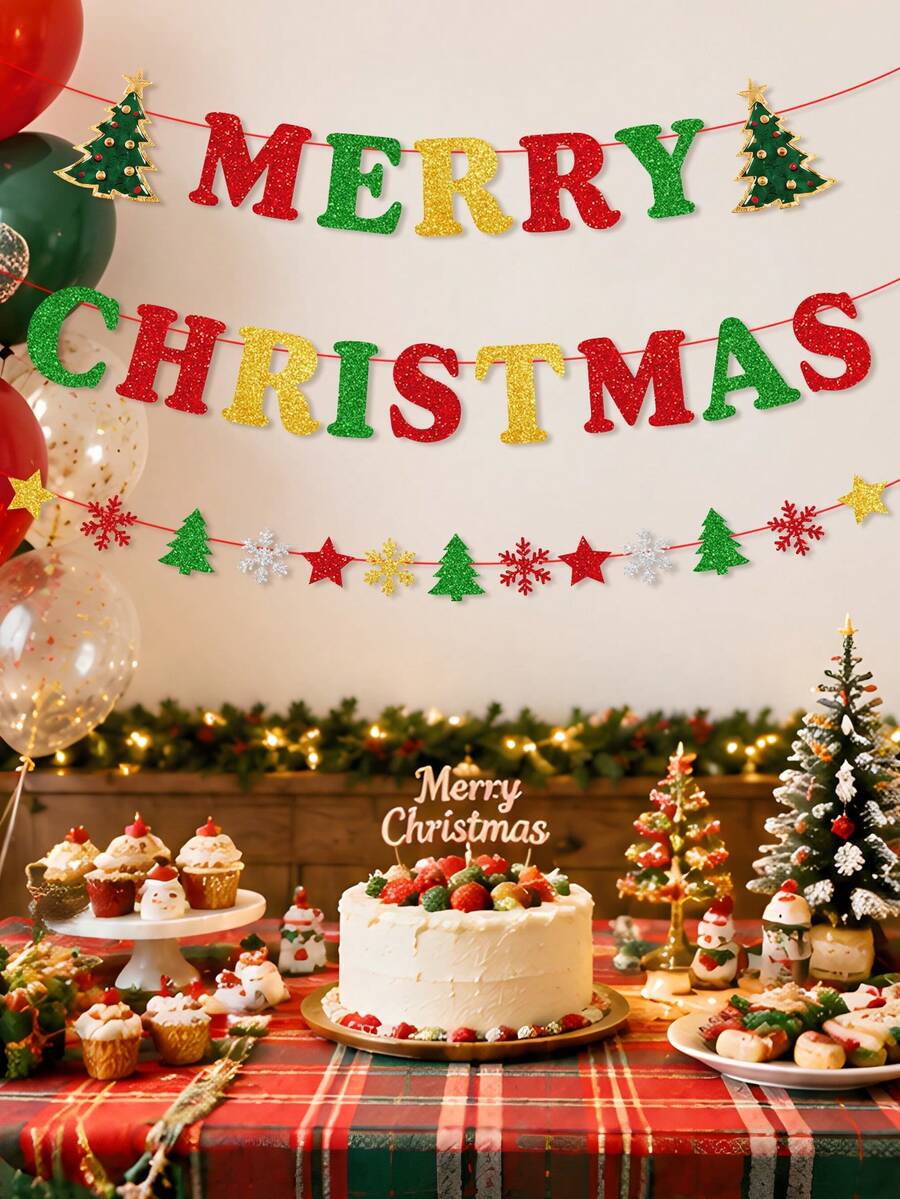 Red Green Gold Merry Christmas Banner Decor‑Glitter Paper Banner For Xmas Indoor, Home Office Party Fireplace Mantle Farmhouse Decor - Multicolor - View 1
