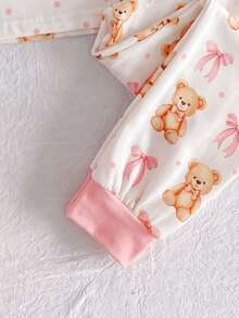 Girls 2 Pieces Bear Print Long Sleeve Pajama Set,Soft Pink Bow Polka Dot Crew Neck Top+Elastic Pants,Breathable Cute Loungewear Wear For Little Girls - White - View 8