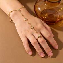 Women Sparkly Heart Rhinestone Hand Chain, Gold‑Tone Stainless Steel Beaded Linked Bracelet Ring, Elegant Wrist Finger Jewelry For Dating Party Gift - Multicolor - View 3