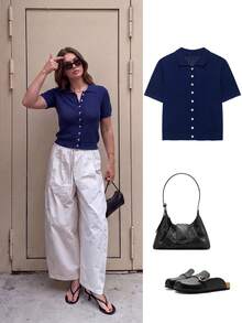 ACKCER Women's Autumn/Winter Navy Blue Colorblock Horizontal Striped Half-Open Single-Breasted Short Sleeve Knit Top - Navy Blue - View 1