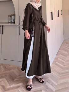 Women's Casual Minimalist Long Sleeve Collared Tie Waist High Slit Long Shirt Blouse, Solid Color Front Button Tie High Slit To Thigh, Suitable For Commute, Daily Wear And Dating - Brown - View 9