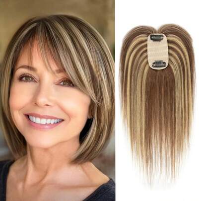 Top de cabello para mujer, peinado frontal 3D de 360°, cabello humano real, top de cabello para mujer con 2 clips, 5 cm x 9 cm, top de cabello de encaje invisible, extensiones de cabello para mujeres y niñas para uso diario, ahorra tiempo, fácil de instalar en casa sin pegamento.