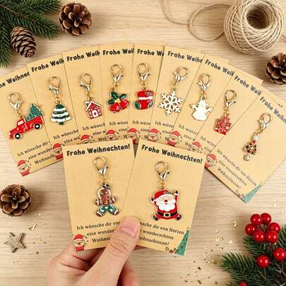 11pcs Cute Christmas Keychains With Christmas Hug Greeting Cards, New Year Gifts, Party, Family Christmas Gifts, Seasonal Accessories, Holiday Design, New Year Good Luck Blessing Gifts For Family, Friends, Best Friends, Husband