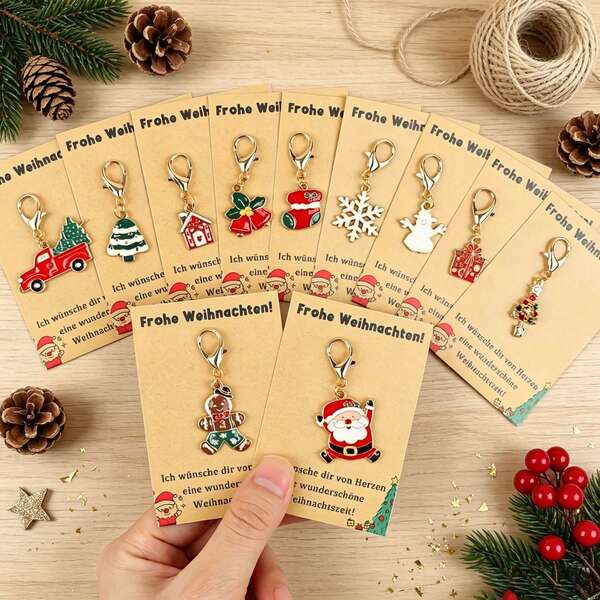 11pcs Cute Christmas Keychains With Christmas Hug Greeting Cards, New Year Gifts, Party, Family Christmas Gifts, Seasonal Accessories, Holiday Design, New Year Good Luck Blessing Gifts For Family, Friends, Best Friends, Husband