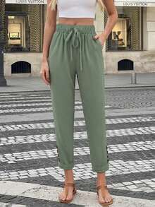Drawstring Waist Slant Pocket Button Decor Casual Tapered Pants, Work To Weekend - Matcha Green - View 7