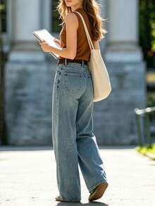 Women's Vintage Straight Leg Denim Jeans, Non-Stretch Casual Distressed Style, Light Wash - Blue - View 4