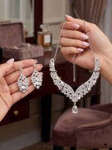 Set Perhiasan Pengantin 3 Buah Kalung & Anting Perak, Aksesori Pesta Pernikahan Elegan - Perak - View 3