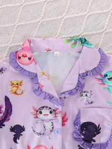 2pcs/Set Tween Girl Casual Digital Cartoon Hexagon Dinosaur Print Lapel Short Sleeve Top And Shorts Pajama Set, Flame Retardant, Ruffle Cuff And Hem Design, All Season, Tween Girl - Multicolor - View 4