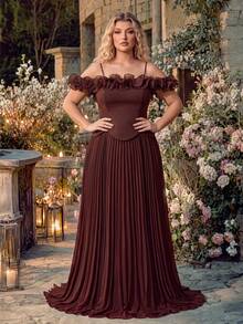 QOQ Women Plus Size Elegant Romantic Vintage Thin Strap Sleeveless Formal Evening Gowns Hoco Homecoming Ruffle Dinner Date Cocktail Party Maxi Dresses - Brown - View 5