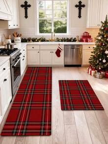 1/2pcs Christmas Floor Mat, Red Buffalo Plaid Pattern, Vintage Diatomaceous Earth Mat, Super Absorbent, Non-Slip, Perfect For Bathroom, Kitchen And Dining Room, Quick Drying, Perfect Gift For Home Decor And Bathroom Mat, Christmas Holiday Gift! - Multicolor - View 1