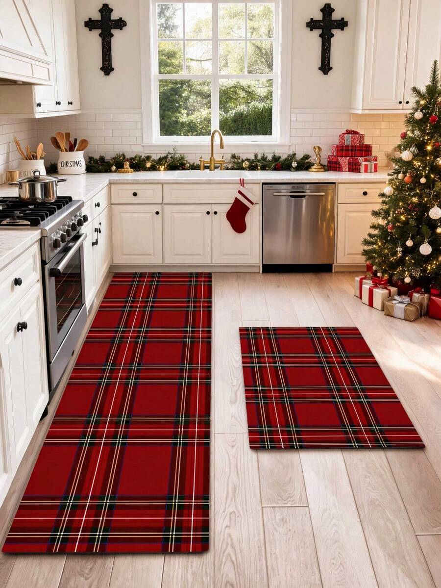 1/2pcs Christmas Floor Mat, Red Buffalo Plaid Pattern, Vintage Diatomaceous Earth Mat, Super Absorbent, Non-Slip, Perfect For Bathroom, Kitchen And Dining Room, Quick Drying, Perfect Gift For Home Decor And Bathroom Mat, Christmas Holiday Gift! - Multicolor - View 1
