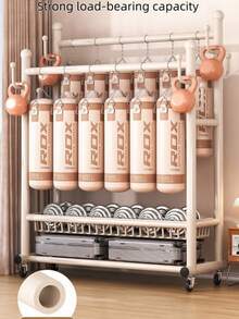 Double‑Rod Metal Garment Rack With Wheels, Thickened Clothes Drying Rack, Freestanding Movable Clothes Hanger Stand, With Double‑Tier Bottom Storage Shelves & Side Hooks, Bonus Hangers Included, For Bedroom Entryway Household Clothes Storage - Multicolor - View 9