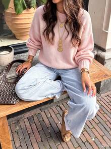 Sweater Rajut Longgar dengan Bahu Jatuh dan Leher Bulat, Gaya Kasual Lembut, Serbaguna untuk Dipadukan dengan Pakaian Lain, Lengan Panjang Warna Pink untuk Musim Gugur/Dingin - Berwarna merah muda - View 4