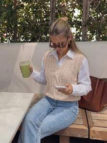 NZZOF Casual Versatile Solid Color V-Neck Knit Vest - Apricot - View 5