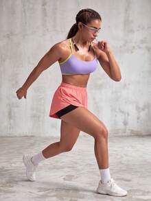 1pc Women's Shorts Solid Color Lining 2 In 1 Sports Pants, Elastic Two Pieces, Suitable For Running, Sports, Yoga, Fitness In Summer - Hot Pink - View 5