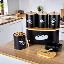 6-Piece Kitchen Storage Set With Bread Box, 3 Canisters, Butter Dish & Bamboo Lids, Modern Countertop Organizer For Bread, Coffee, Tea, Sugar & More - Black - View 2
