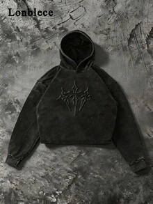 Lonblece 1pc Men's Autumn/Winter Embossed Cross Acid-Washed Sweatshirt, - Black - View 1