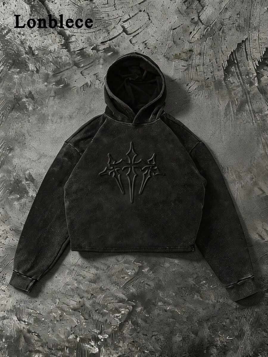 Lonblece 1pc Men's Autumn/Winter Embossed Cross Acid-Washed Sweatshirt, - Black - View 1