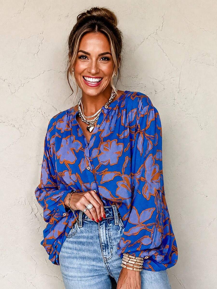 Acelitt Floral Print Batwing Sleeve Button Up Loose Blouse, Blue Casual Vacation Spring - Multicolor - View 1