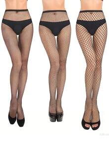 3 Pairs Plus Size Transparent Fishnet Tights, Black Hollow-Out High Waist Mesh Pantyhose, Women's One Size Fishnet Stockings, Closed Crotch Elastic Design, Suitable For Various Occasions, Spring Summer Autumn Sexy Street Punk Style Leggings,Halloween - Multicolor - View 1