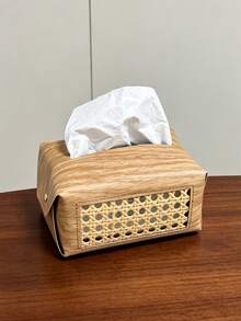 1pc Wood‑Grain Rattan Splicing Tissue Box Cover, Retro PU Leather Rectangular With Hollow Woven Panel & Snap Button, Dust‑Proof Storage Make Up Storage Organiser Desktop Decor, For Living Room Bedroom Hotel Daily Use All‑Season Household Ornament - Multicolor - View 13