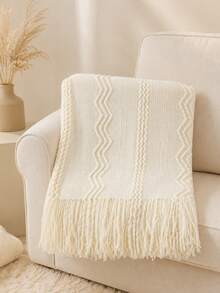1PC Wavy Line Jacquard Knit Throw Blanket With Custom Embroidery, Customizable Text Detail Featuring Tassel Fringe Edge Trim, 3 Color Choices For Indoor Home Space, Home Accent Piece For Sofa Bed Living Area, Nice Holiday Gift Option For Family - Multicolor - View 9
