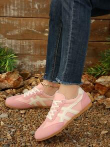 Women's Round Toe Colorblock Soft Sole Flat Lace-Up Style Retro Casual Sneakers For Spring And Autumn Daily Wear - Pink - View 5