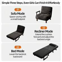Single Convertible Sofa Bed With Armrest,5‑Position Adjustable Backrest,Iron Frame Folding Sleeper Chair With Pillow,Multi‑Purpose Lounge Couch For Small Apartment Living Room Guest Room,Dark Grey Linen Fabric - Black - View 5