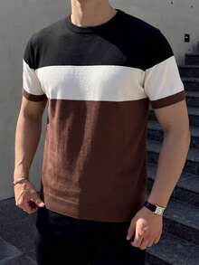Men's Summer Round Neck Contrast Color Short Sleeve Knit Sweater, Suitable For Summer Outings, Fashion Essential - Brown - View 9