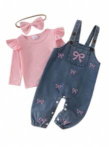 Baby Girl Soft & Cute 3-Piece Set, Pink Ribbed Ruffle Flutter Sleeve Long Sleeve Inner Top + Embroidered Bow Light Wash Denim Overall Pants + Pink Bow Headband, Sweet Spring/Autumn Outfit For Infants And Toddlers - Pink - View 4