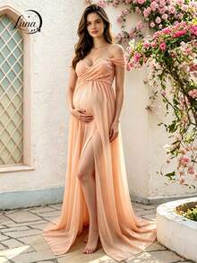 Off-The-Shoulder Lace Maternity Dress - Pink - View 3
